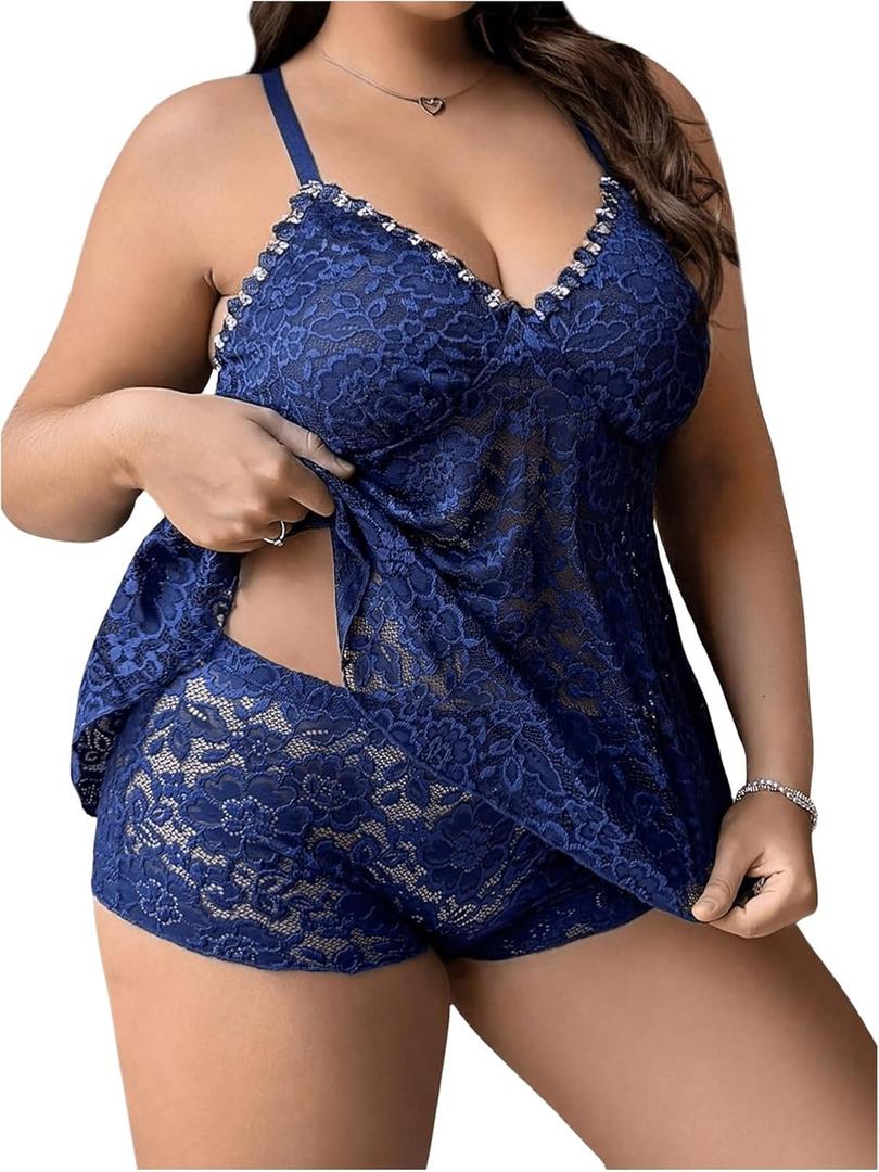 SOLY HUX Women's Plus Size 2 Piece Lingerie Set Lace Sheer V Neck Sleeveless Top and Shorts Set Sleepwear (3X-Large Plus, Dark Blue)