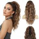 Clip on Ponytails for Women - 18 Inch Curly Ponytail Extension, Wavy Pony Tails Hair Extensions, Synthetic Hair Extensions Ponytail, Clip in Ponytail (Color: Light Brown with Blonde Ends)