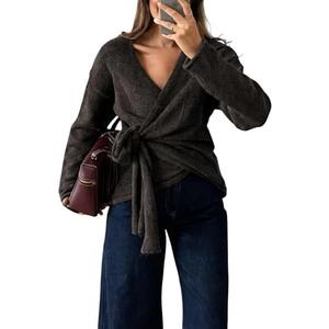 Watashi Women Casual V Neck Wrap Sweater Long Sleeve Cozy Self Tie Belted Knit Sweaters Fall Winter Outfits Cardigan(Brown, Large)