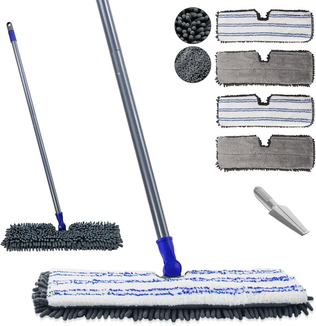 Masthome Microfiber Mops for Floor Cleaning, Dust Mop with 4 Reusable Pads, Flat Flip Mops for Wet & Dry Use, Professional Microfiber Mop for Hardwood, Laminate,Tile Floor Cleaning-1 Scraper (Grey-blue)