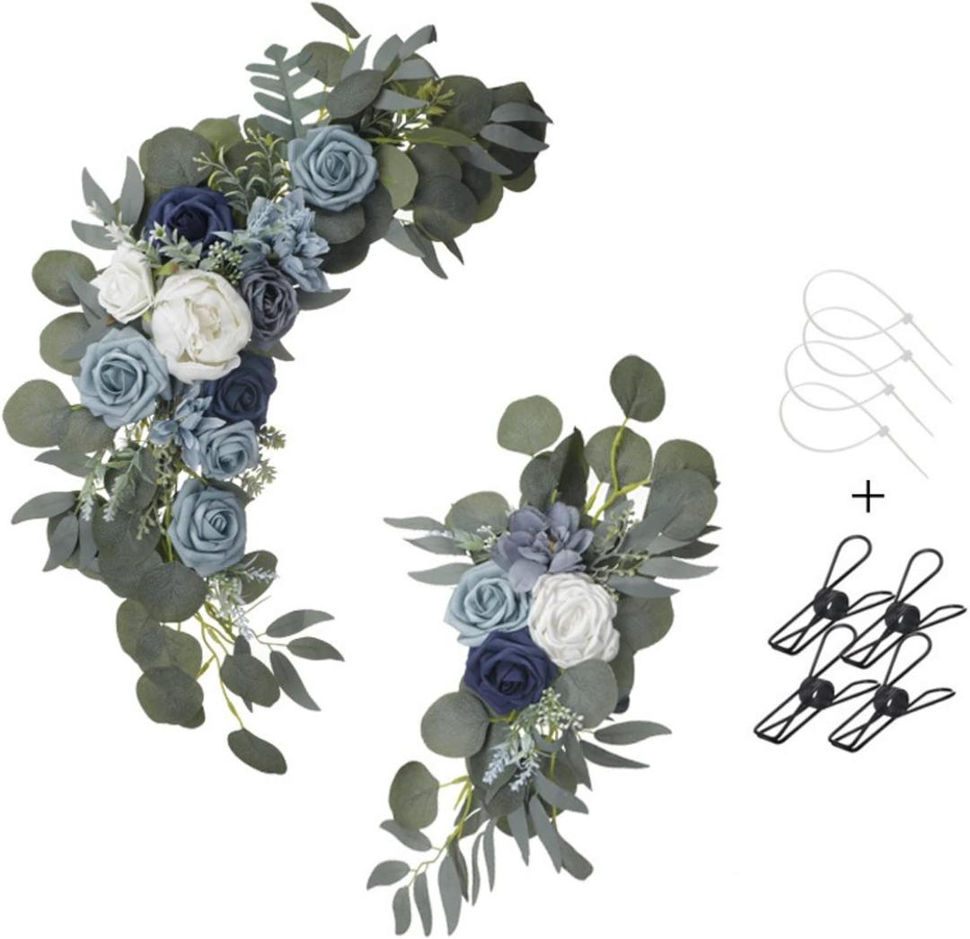 Gkvszy Wedding Flower Swag (Set of 2) for Wedding Welcome Sign Arch Artificial Flower Floral Swag Decor Wedding Ceremony Reception Party Decoration Navy, Dusty Blue and White
