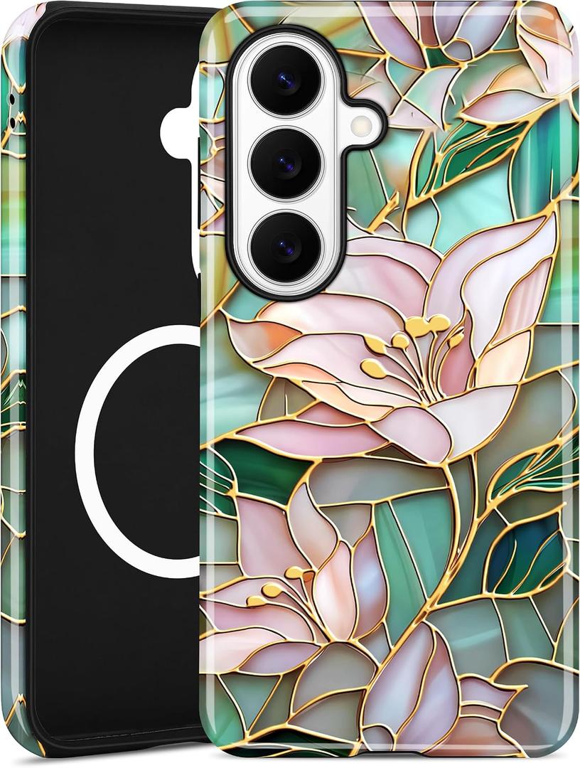 Magnetic Flower Phone Case for Samsung Galaxy S22 Plus, Lily | Compatible with MagSafe, Cute Aesthetic Stained Glass Floral Design, TPU and PC Protective Phone Cover for Women Girls