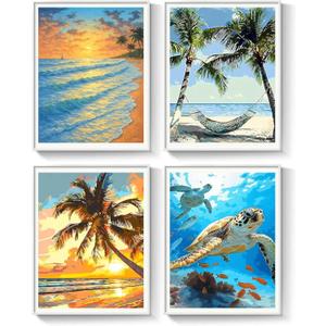 4Pcs Tropical Beach Digital Paint by Numbers Kits, 12x16inch Palm Tree & Sea Turtle DIY Oil Painting Sets for Adults & Kids, Relaxing Art Craft for Home Decor Gifts (Coastal)