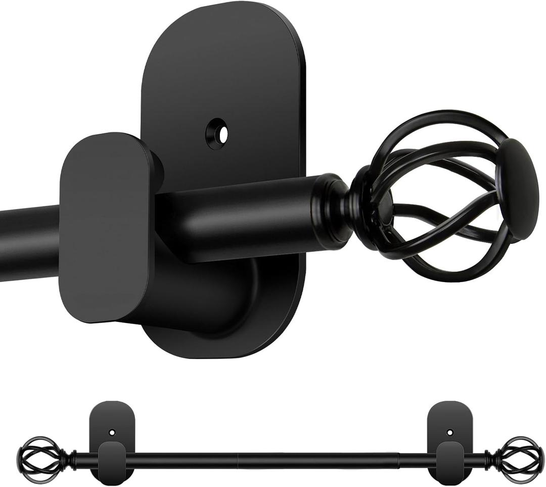 Curtain Rods No Drilling 48 to 84 Inch, 5/8 Inch Diameter No Drill Drapery Rod Set with Adhesive Brackets and Twiested Cage Finals, Bedroom Apartment Renter Friendly, Black