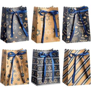 Kolldenn 24 Pcs Hanukkah Goodies Bags Kraft Gift Bags Hanukkah Candy Gift Paper Bags with Ribbons for Hanukkah Party Supplies Jewish Event Supplies Hanukkah Gifts