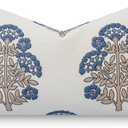 Crumbs Home California Casual Coastal Indoor Outdoor Lumbar Pillow Cover, 12"x20" Water Repellent for Patio, Backyard, Couch, Poolside, Earth Tone Tan Azure Blue Block Print Hydrangea Flowers