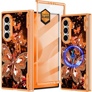 Hekodonk for Galaxy Z Fold 7 Case,[Compatible with MagSafe][Glow in The Dark][Front Screen Protector][Stand][Hinge Protection],Slim Fit for Women Girls for Samsung Galaxy Z Fold 7,Blight Orange