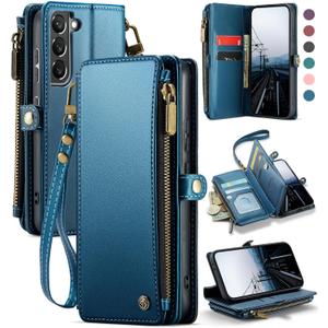 Defencase Compatible with Samsung Galaxy S21 5G Case Wallet with RFID Blocking Card Holder for Women Men, PU Leather Magnetic Snap Flip Zipper Strap Wallet Phone Case Fit for Galaxy S21 5G 6.2", Blue (Elegant Dark Blue)