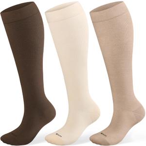 Cotton Compression Socks for Women & Men 15-20 mmHg Knee High Cute Support Sock for Nurses, Pregnant Women, Travel (XX-Large, 3 Pairs-Cream&Beige&Brown)