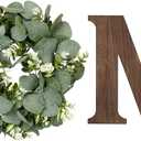 Mkono Farmhouse Wall Home Sign with Artificial Eucalyptus for O Rustic Wooden Hanging Letters Decorative Wall Art Decor for Living Room Kitchen Entryway Housewarming Gift, Large, Brown (11.8"L x 11.4"W)