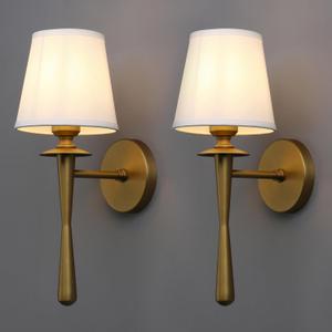 Yosoan Brass Gold Retro Boho White Fabric Wall Sconce Set of 2, Vintage Industrial Antique Indoor Hardwired Champagne Bronze Flared Fabric Shade for Bedroom Hallway Living Room