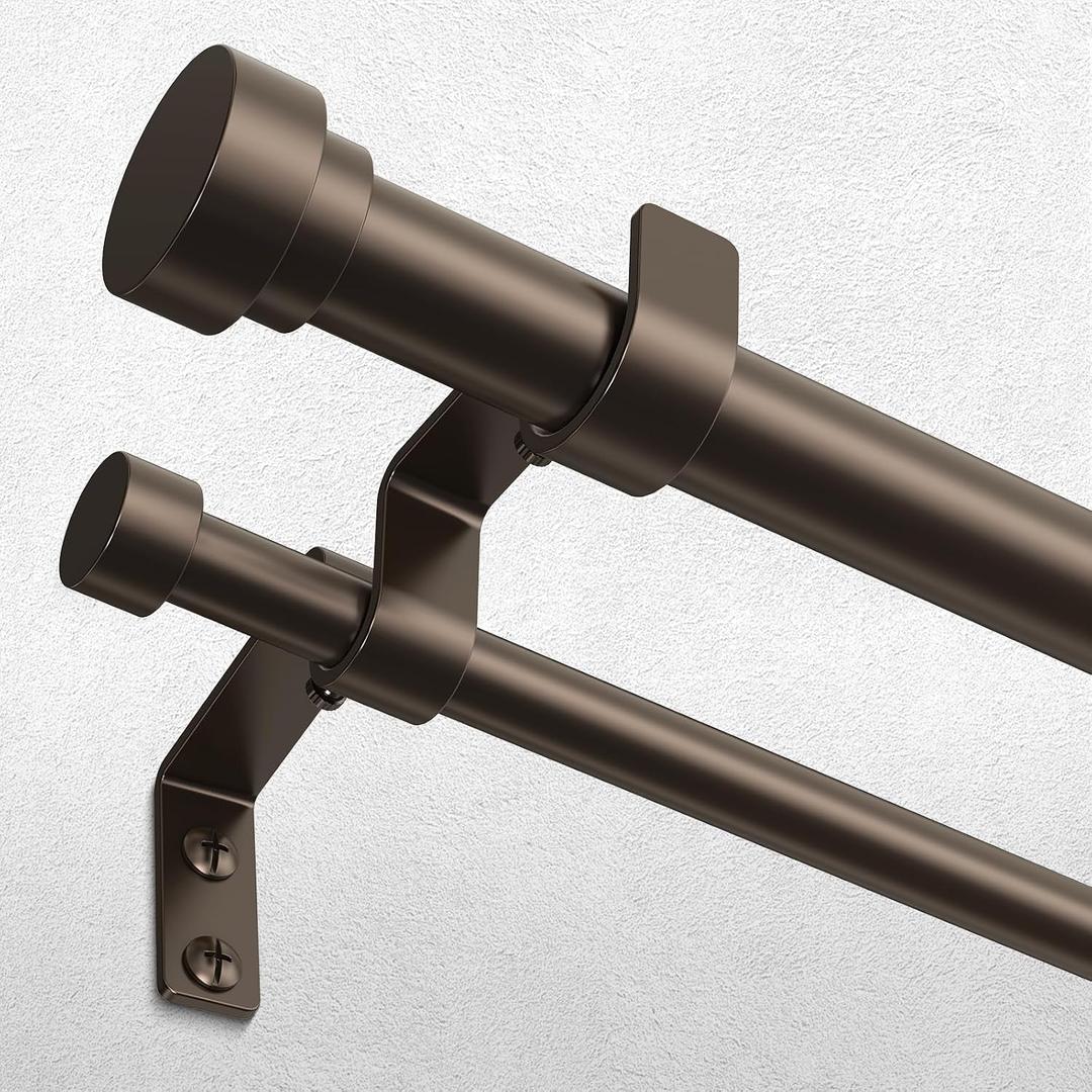 Double Curtain Rod, 1 Inch Bronze Dual Curtain Rods 36 to 72 Inch with Aluminium Modern End Cap Finials, Adjustable Heavy Duty Window Treatment Rods, Telescopic Metal Double Drapery Pole Set