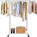 Fishat Silver Heavy Duty Double Rod Garment Clothes Rack for Hanging Clothes Chrome, Commercial Rolling Organizer Commercial Metal with Lockable Wheels Mobile for Coats Dresses