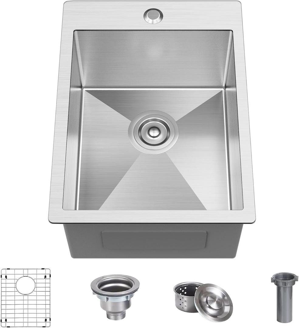 15 x 20 x 9 Inch Drop In Kitchen Bar Sink, Small Kitchen Sink Single Bowl Topmount Bar Prep Sink 18 Gauge Stainless Steel Bar Sink with Grid and Basket Strainer
