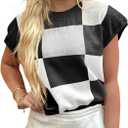 Saodimallsu Womens Short Sleeve Sweater Top Summer Color Block Lightweight Knit Crewneck Going Out Pullover Tops (Large, Black)