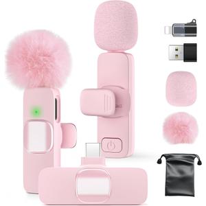 Mini Wireless Lavalier Microphone for iPhone 16/15/14/Android, Lapel Mic with Noise Reduction, 12H, 65ft, Pink Tiny Microphone Content Creator Interview for Vlog YouTube TikTok Recording (Pink)