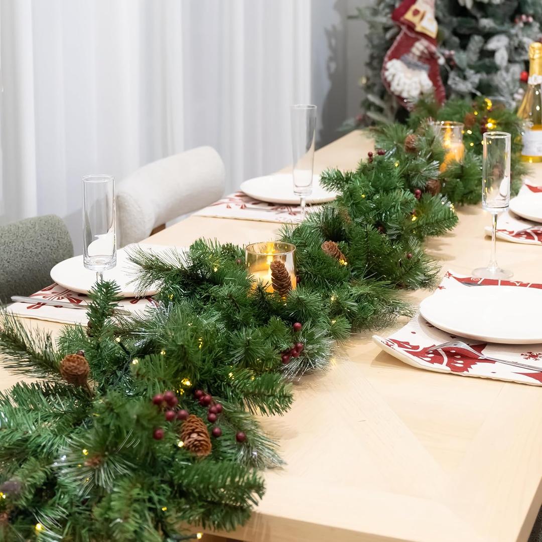 9 Feet Christmas Garland - Christmas Decorations - Carolina Pine Garland for Table, Fireplace, Mantle, Wall, Indoor Outdoor - Green Garland for Christmas Decorations - Free LED String Lights