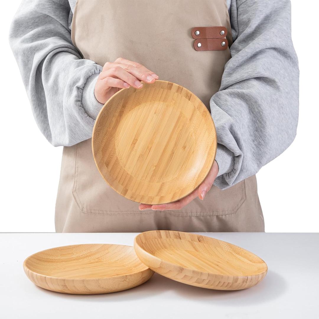 Bamboo Plates Reusable 7.5Inch Round Wooden Plates Dinner Plates Tableware 3PCS Wooden Plate Lightweight Bamboo PlateDishes Snack Serving Dishes, Dessert, Unbreakable Classic Plate