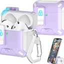 R-fun Compatible with AirPods 4th Generation 2024 Headphone Cases, Fully Drop Proof Auto Eject Protective Cover Design, New Charging Port Dust and Stand Design?White+Purple