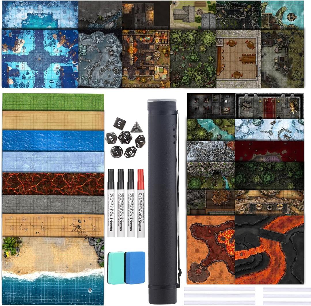 DND Map 32 Terrain 24 x 36",17 x 17",13 x 17" Double Sidedv Grids Dry Erase Battle Mats for Dungeons & Dragons Game with Dice Set,Clips,Eraser,Markers