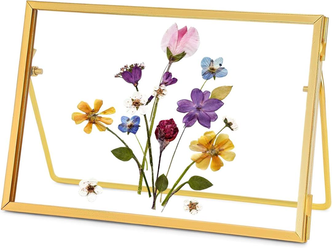 Glass Pressed Flower Frame Handmade, Glass Floating Picture Frames Tabletop Brass Photo Frame for DIY Dried Flowers Home Plant Specimen, Rectangle Horizontal 46 inches,Gold (FRAME ONLY) (6L" x 4W")