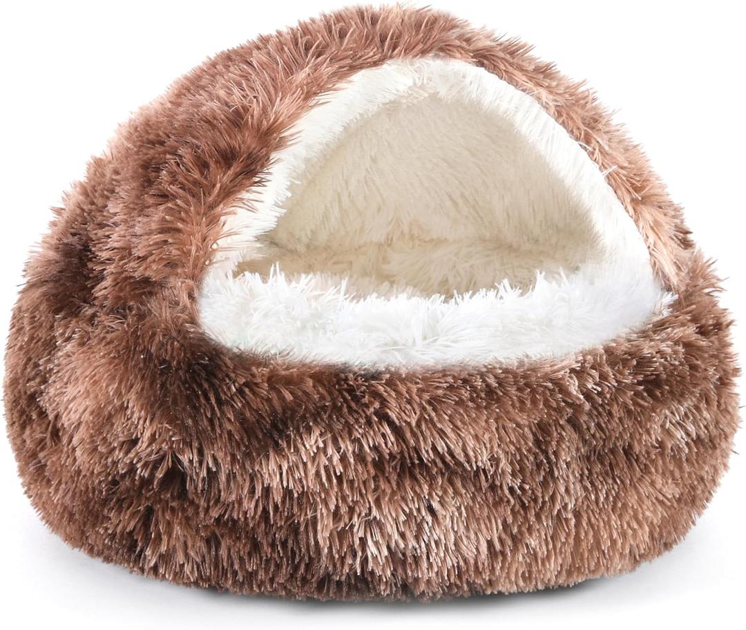 NOYAL Round Hooded Donut Dog Bed for Small & Medium Pets - Plush Fluffy Anti-Anxiety Cat Cave Bed with Cover (Medium 23.6'', Bandhnu Coffee)