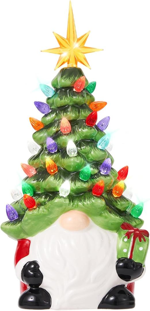 Gnomes Ceramic Christmas Tree 12inch Hand Painted Pre-Lit Gnomes Ceramic with 46 Multicolored Lights for Fireplace Bedroom Night Table Valentine's Day Gift St. Patrick's Day Decoration