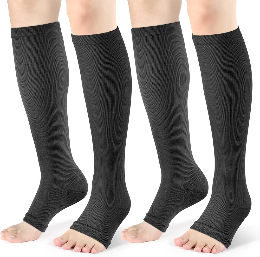 Open Toe Compression Socks Women & Men-2 Pairs 15-20 mmHg Knee High Stockings for Circulation Support (Small-Medium)