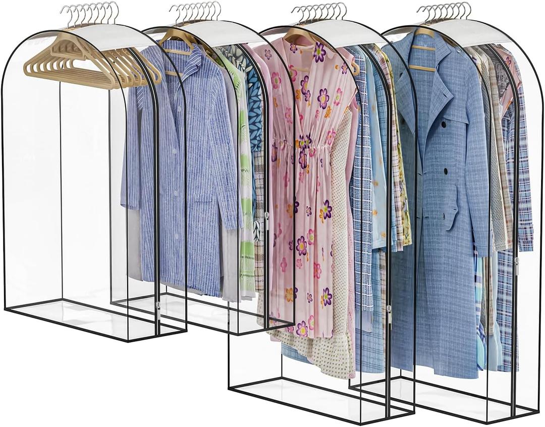 Upgraded Thickened Clear Garment Bags for Hanging Clothes 4 Packs (40 & 50 inch), 10 Gusseted Clothes Hanging Storage Bags for Closet, Shirts, Coats, Dresses