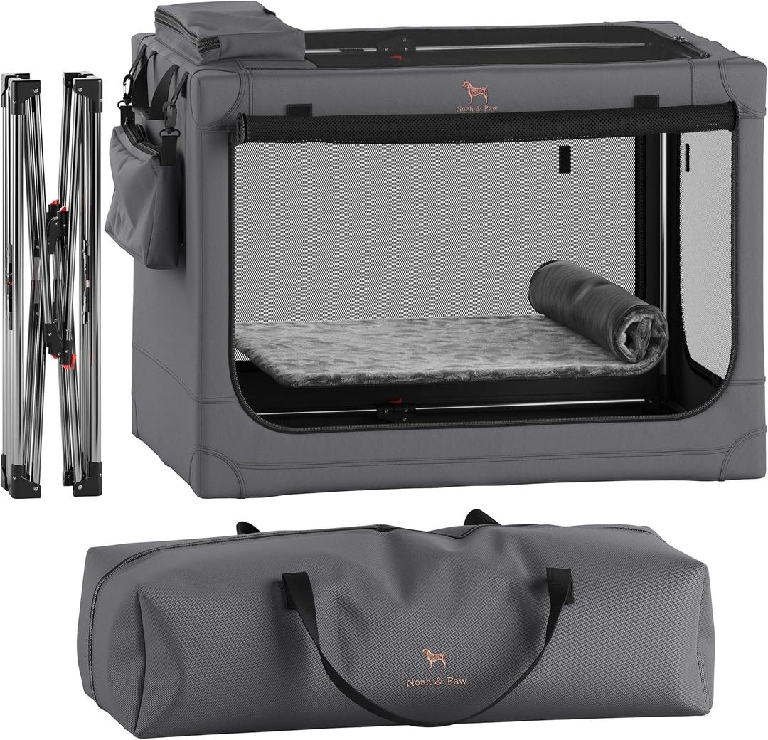Noah & Paw Collapsible Dog Crate 36 Inches, XL Dog Crate for XL, Large Medium Breed, Travel Kennel for Car, Includes Pet Mat for Pet Cage, 2 Storage Pockets, Handbag, 10mm Locking Zippers 36*25*23 (Grey)