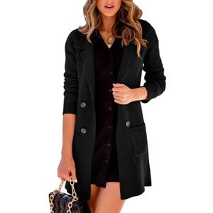 Danedvi Women Open Front Lapel Collar Cardigan Button Down Long Sweaters Cardigan Solid Outerwear Coats (Large, Black)