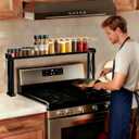 Over the Stove Shelf, Bamboo Stove Top Spice Rack for Kitchen,Wooden Stove Shelf for Back of Stove, Non-slip Countertop Seasoning Organizer with 6 hooks,Easy to Assemble 33.5*4.5*13.4” Black