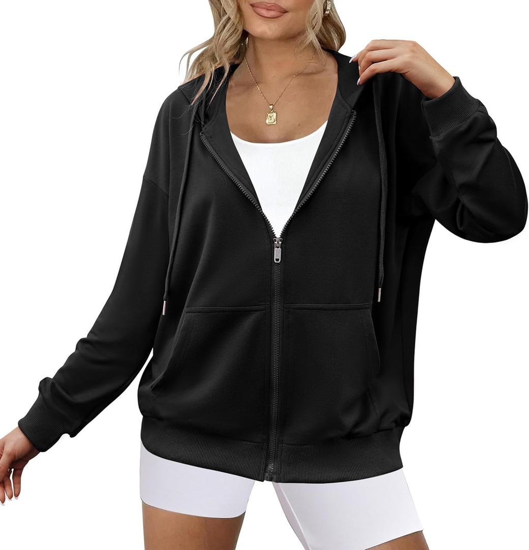 Zeagoo Women's Lightweight Hoodies Full Zip Up Oversized Sweatshirts with Pockets Long Sleeve Thin Casual Hooded Jackets (Large, Black)