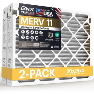 BNX TruFilter 20x25x4 Air Filter MERV 11 (20.50 x 25.18 x 4.00 (Compatible with Aprilaire 210) (2-Pack) MADE IN USA Furnace Filters HVAC AC Furnace Filters for Allergy Dust, Pet, MPR 1200 FPR 7