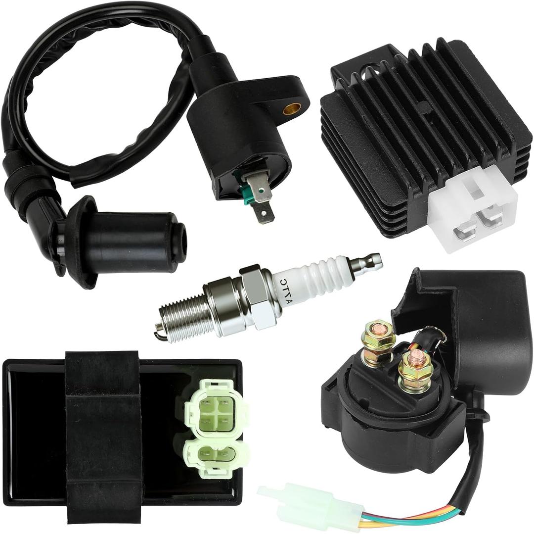 HIAORS GY6 Ignition Coil Solenoid Relay Voltage Regulator Compatible with TaoTao 50cc 150cc Chinese Scooter ATM50 VIP Roketa Jonway Sunl 4-Stroke Moped ATV Go Kart Parts with AC CDI Box Spark Plug
