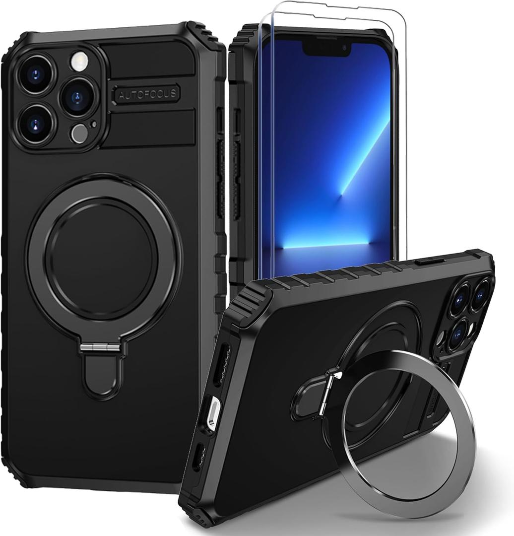 iPhone 13 Pro Magnetic Case [Compatible with MagSafe] with 2 Tempered Glass Screen Protectors with Ring Kickstand,Military Grade Heavy Duty for iPhone 13 Pro Case,6.1'' Black