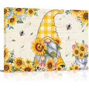 Sunflower Gnome Canvas Print Wall Art - Bees Flowers Leaf on Vintage Newspaper Background - Wall Decor Modern Artwork Paintings Pictures for Living Room Stretched and Framed Ready to Hang - 16" x 24"
