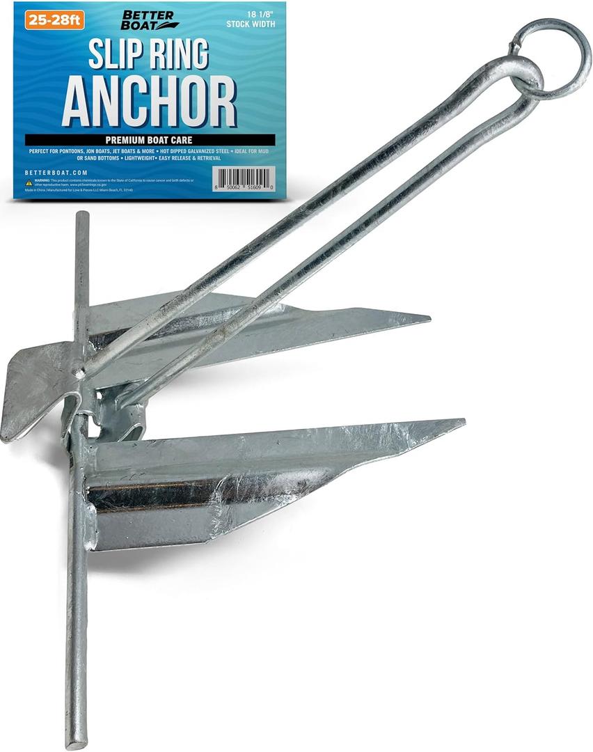 Boat Anchor with Slip Ring, Fluke Design for Pontoon, Jon Boat, or Small Boats, Galvanized Steel Marine Grade, Suitable in Sea and Lake, 5 lb Anchor for Boats (25-28 ft (18 1/8" Stock Width))