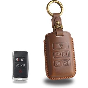 Leather Key Fob Cover with Keychain Compatible with Range Rover Evoque Sport Vogue Velar Defender Discovery 5 (BROWN) (Brown)