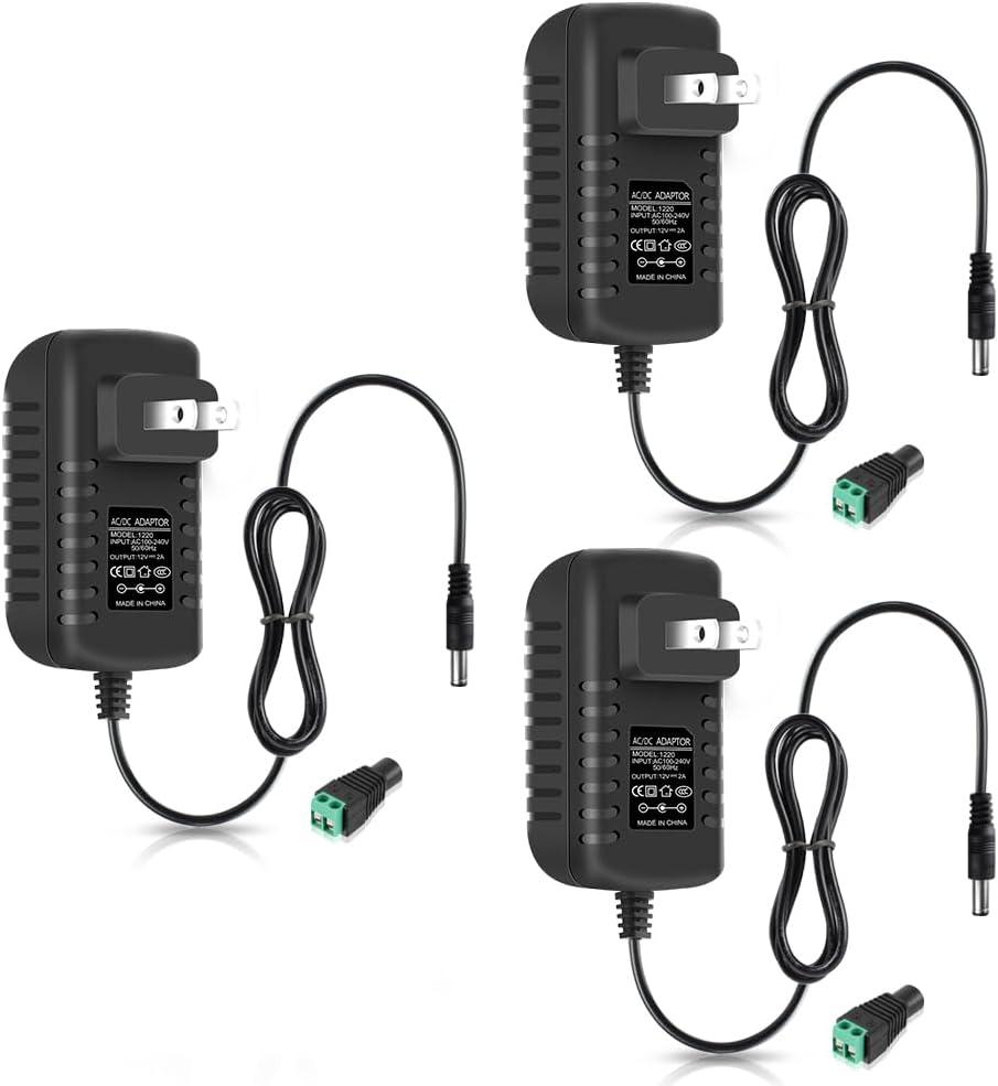 12V Power Supply, 12 Volt 2A 24W DC Power Supply, Black Switching LED Power Adapter, AC 110V to 12V Wall Mounted Transformer Plug for LED Strip Lights with 5.5/2.1 DC Female Connector, 3 Pack