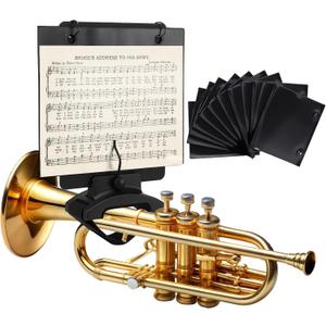 1 Set Adjustable Marching Band Lyre for Trumpet with Flip Folder, Wooden Holder Trumpet Lyre with 12 Double-Sided Sheet Music Pages for Clarinet Flute Trombone Saxophone