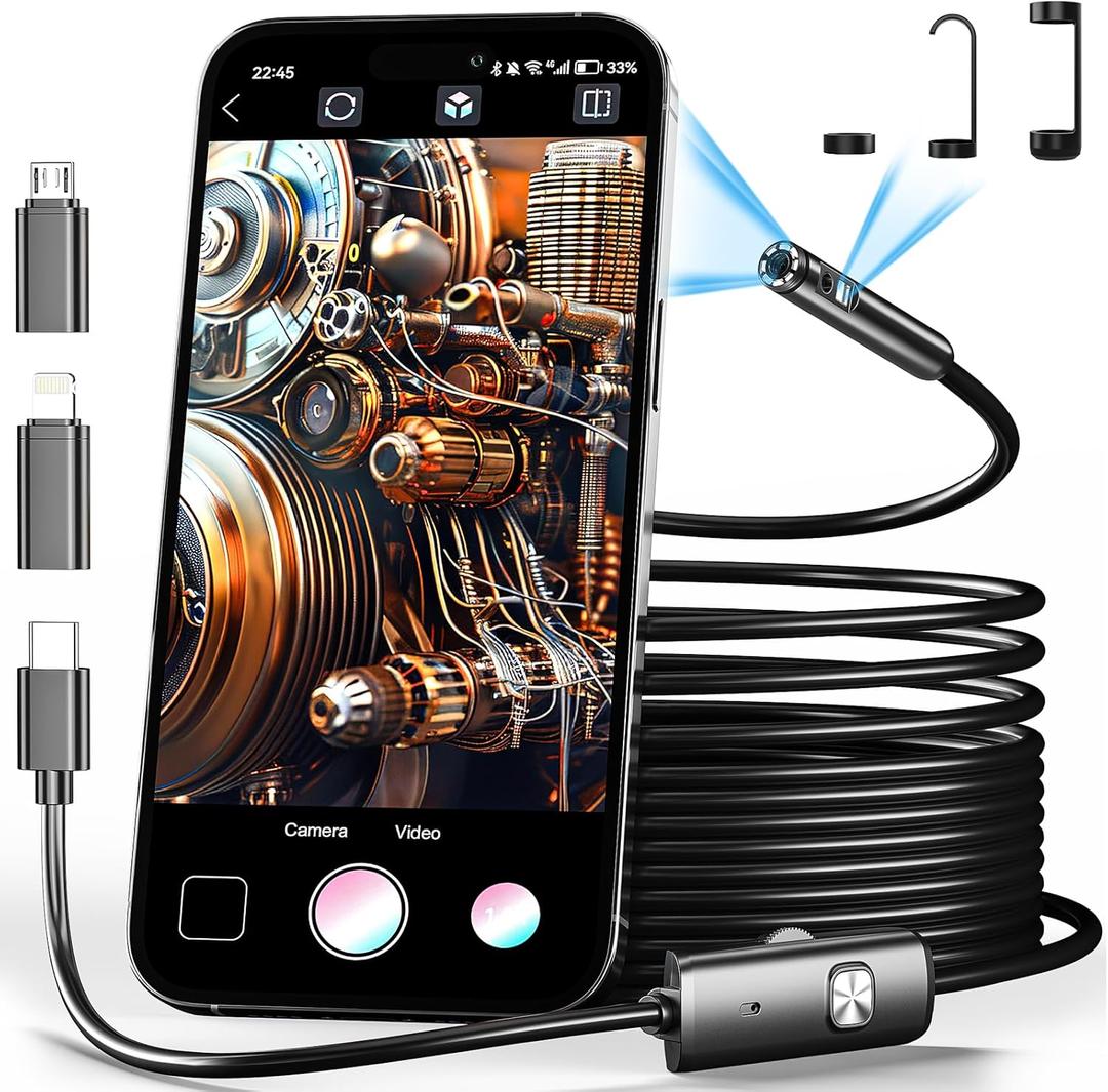 USEEPLUS Dual Lens Endoscope Camera with Light Borescope Inspection Camera with 8+1 Adjustable LED Lights 1980P IP68 Waterproof with 16.5ft Semi Rigid Snake Camera for iPhone iPad Android Phone