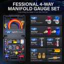 CALPOSE R1234yf AC Gauge Set, 4 Way AC Manifold Gauge Set for R1234yf R134a R404a Refrigerant, 4 Valve Manifold Gauge Set with 5FT HosesAnti-Collision Dials Provide More Accurate Reading