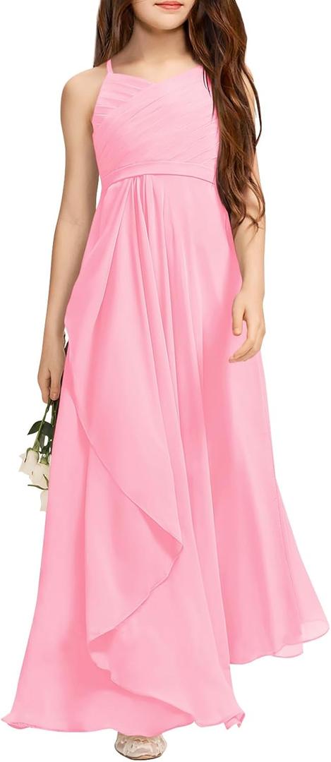Imily Bela Girls A-Line Halter Dress Junior Bridesmaid Flower Girl Flowy Chiffon Maxi Dresses Wedding Party Pageant Gown (13-14 Years, Pink)