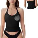 SUUKSESS Halter Tank Top for Women with Built in Bra Cotton Ribbed V Neck Cami (Small, Black)