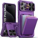 SSLOTSCASE for iPhone 15 Pro Max Case with Card Holder & Sliding Camera Lens Cover & Hidden Kickstand & Camera Stand & Wallet, Silicone Edge Durable Protective Case for iPhone 15 Pro Max, Dark Purple