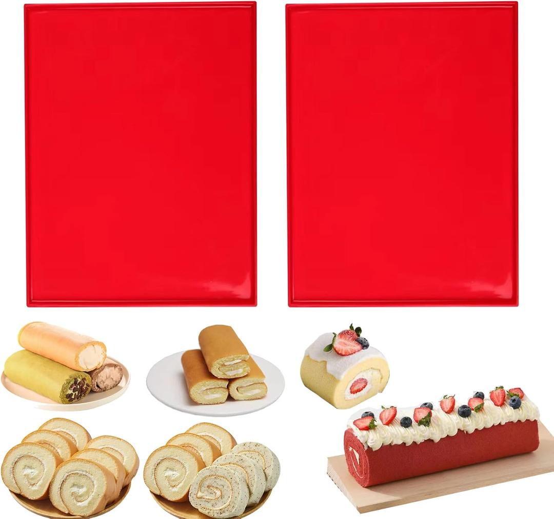 HLCM Silicone Swiss Roll Cake Mat - 2Pcs Silicone Baking Mat, Jelly Roll Pan, Non-Stick Silicone Mat with Lip, Easy to Clean Silicone Pastry Mat, Great for Swiss Roll, Pastry, Jelly, Cookies (Red)