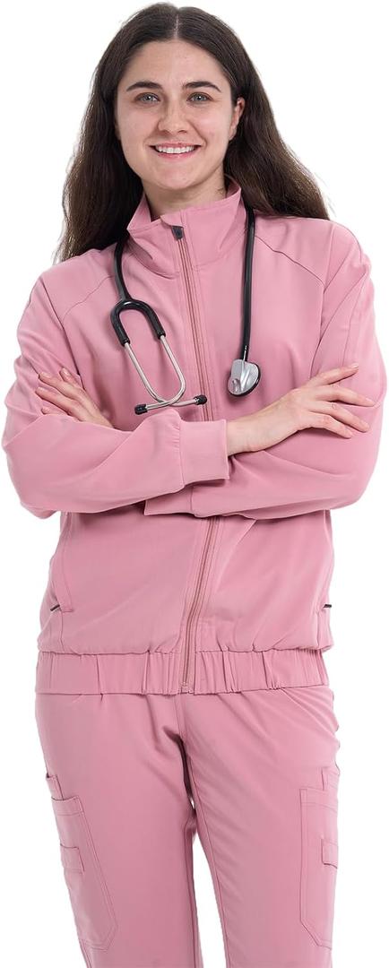 Medical Scrubs Set, Two-Piece Uniform with Full Zip Jacket 4 Way Stretch Workwear (X-Small, Pink)