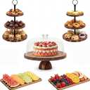 5 Pcs Wooden Dessert Table Display Set,Acacia Wood Cake Stand with Dome Lid,2 Pcs 3-Tier Dessert Display Stands and 2 Serving Trays Hosting Essential for Wedding Birthday Party Baby Shower Christmas