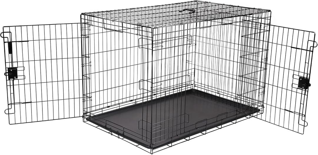 Amazon Basics Portable Metal Wire Dog Crate for Large Dogs, Double Door with Removable Tray, Divider Panel, Easy to Assemble, 48" x 30" x 32.5", Black